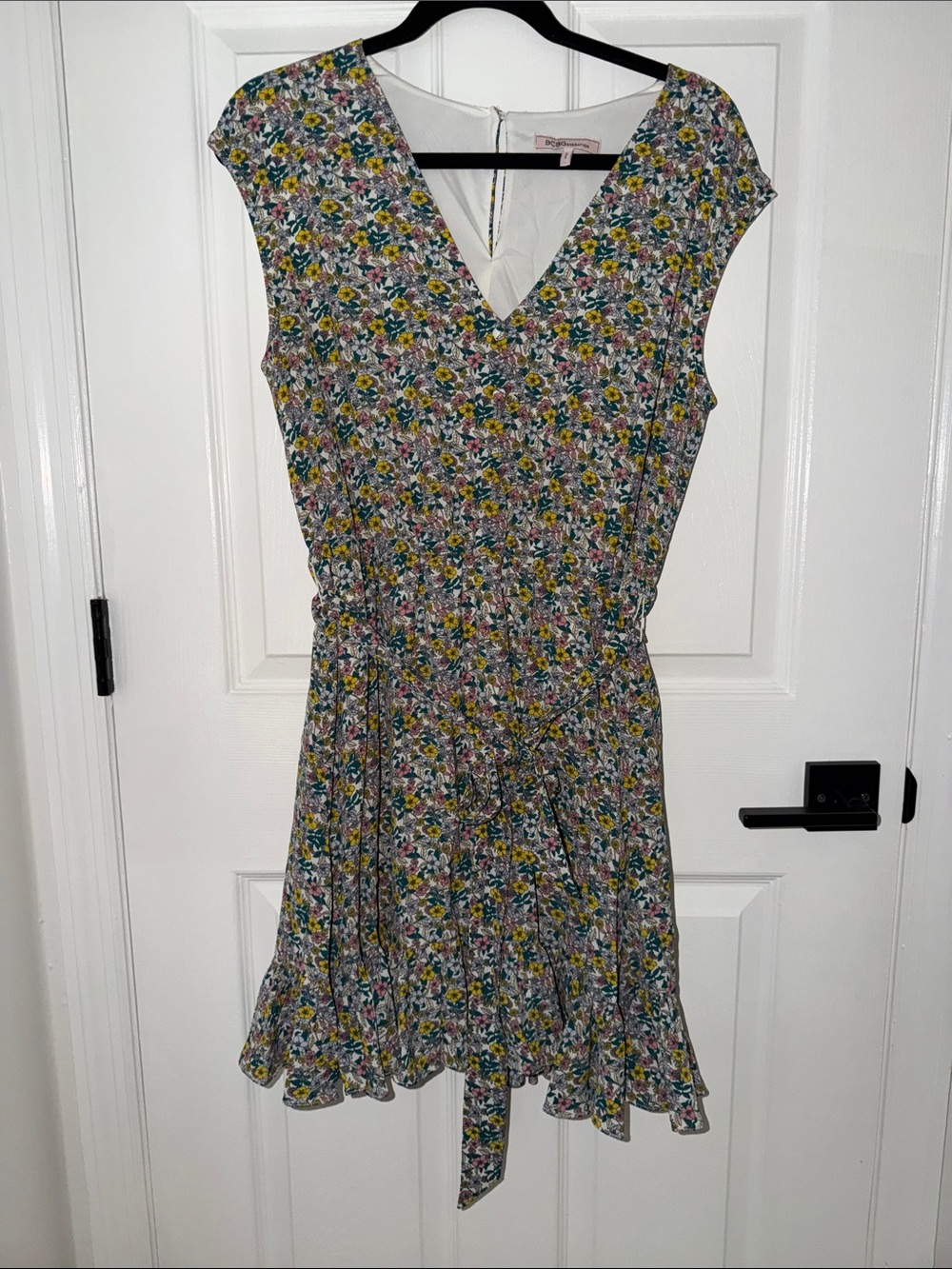 BCBGeneration Floral V-Neck Tie-Waist Midi Dress in Yellow, Green, Pink